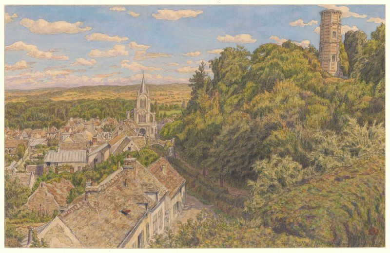 Paisaje de Montfort-l’Amaury de Henri Rivière, pintura al óleo que representa colinas y un pueblo.