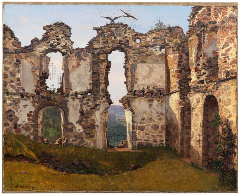 Landscape oil painting by Frederik Sødring featuring ruins and greenery.