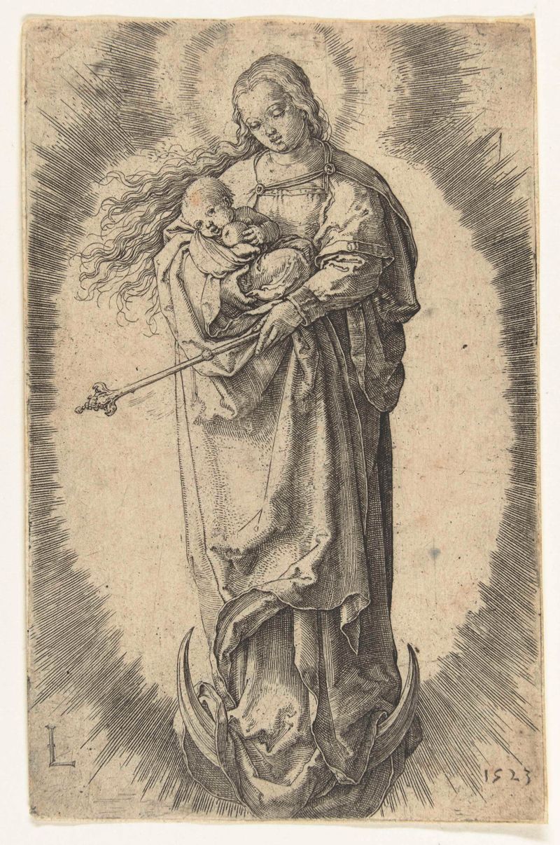 Gravura Madonna op de maansikkel de Lucas van Leyden retratando uma Madonna em uma lua crescente.