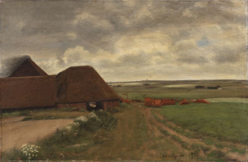 Landscape of a brickworks under a gray sky by Niels Bjerre, oil on canvas