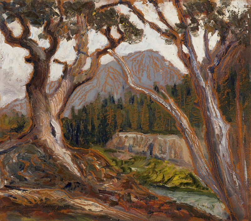 Long’s Peak from Loch Vale, pintura a óleo de Grant Wood, apresentando montanhas, um lago e luz suave.