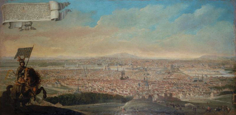 Gravura de artista desconhecido mostrando uma vista panorâmica de Paris ao pôr do sol.