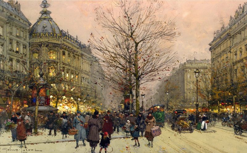 Les Grands Boulevards, Paris de Eugène Galien-Laloue, óleo sobre tela que retrata uma cena de rua animada.