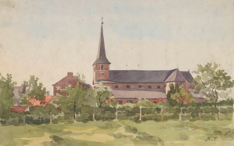 Eglise de village vue sur son flanc droit derrière une haie clôturée, oil on canvas by Jean-François Taelemans