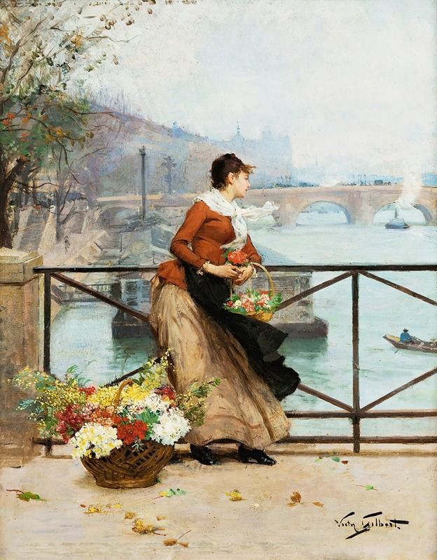 Flower vendor offering blossoms on the Pont Des Arts, oil on canvas by Victor Gabriel Gilbert