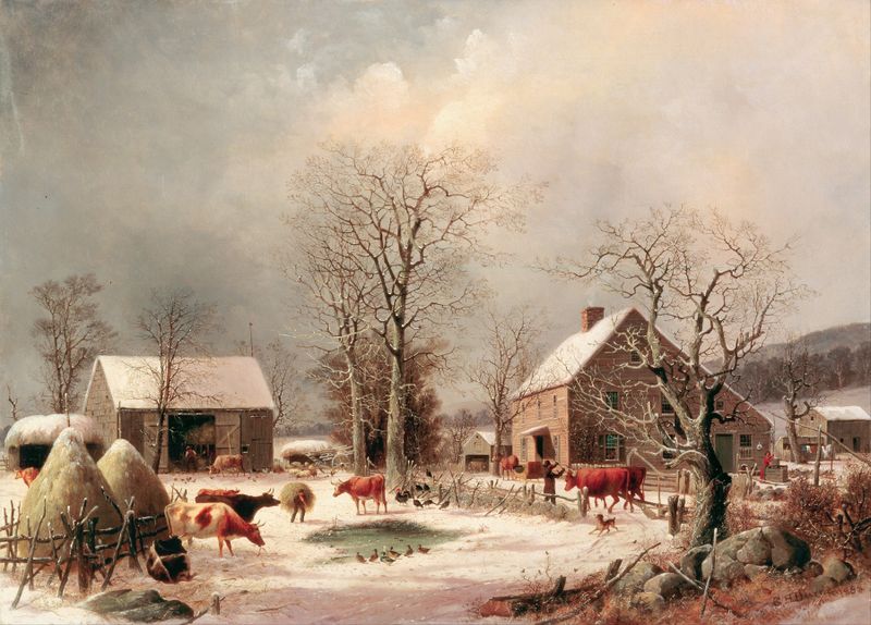 Farmyard in Winter de George Henry Durrie, pintura a óleo de uma casa de fazenda coberta de neve.
