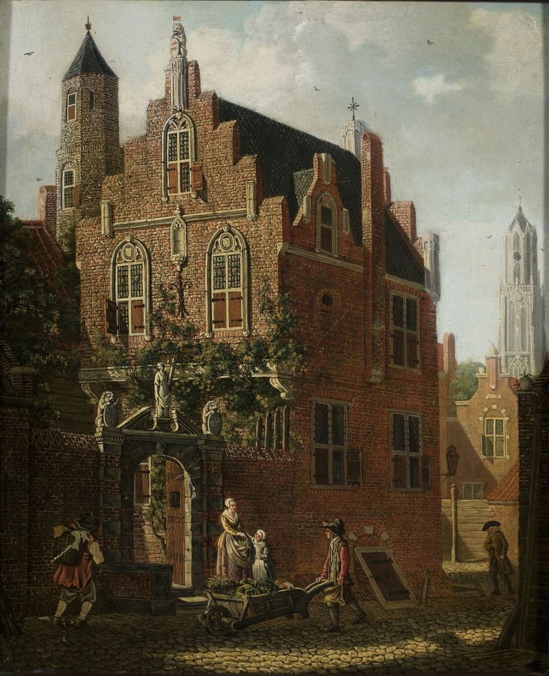 Landscape depicting a city skyline by Johannes Huibert Prins, oil painting