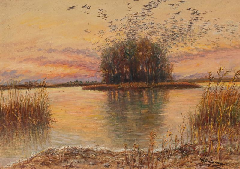 Landscape depicting dawn over a river by Carl Massmann, oil painting