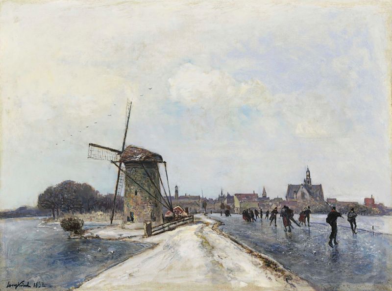 Paisagem de inverno com patinadores no gelo, óleo sobre tela de Johan Barthold Jongkind