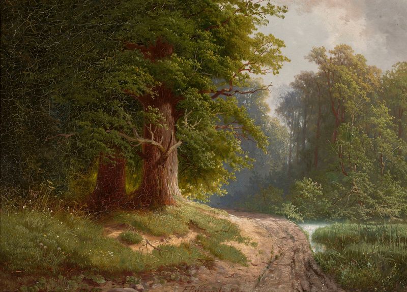 After the Rain in Autumn by Feliks Brzozowski, oil painting depicting autumn leaves glistening with raindrops.