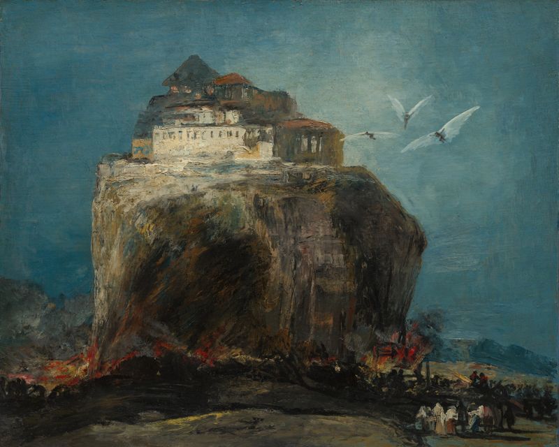 Paisaje que representa una ciudad en un afloramiento rocoso, estilo Romanticismo de artista desconocido