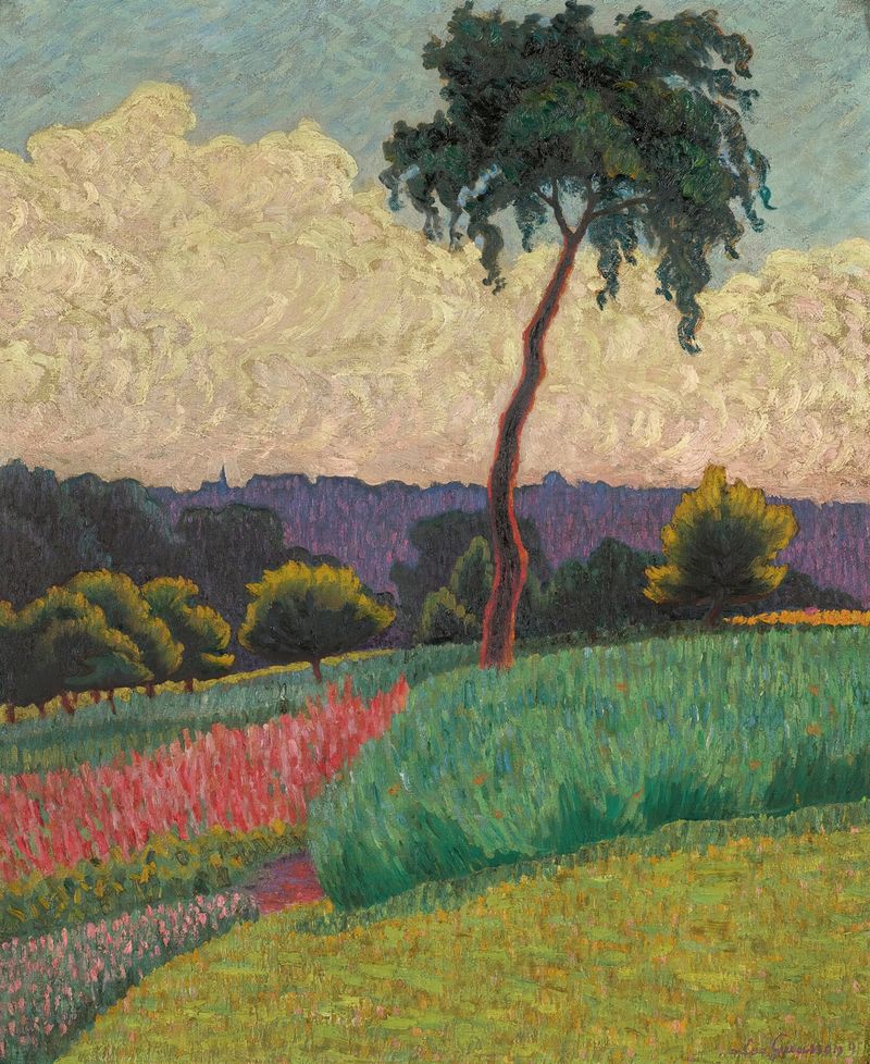 Landscape with vibrant greenery and blue sky by Léo Gausson, 1891, oil painting