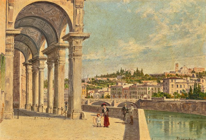 Vista de Florencia con el Ponte Alle Grazie sobre el río Arno, óleo sobre lienzo de Antonietta Brandeis