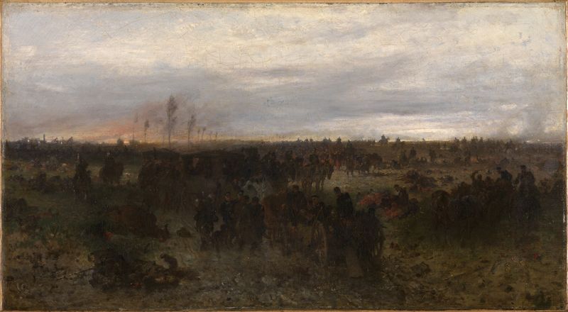 Pintura histórica a óleo de Franz Adam mostrando ruínas e luz do entardecer após uma batalha.