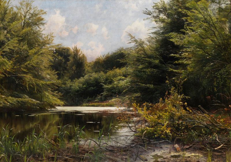 Late Summer at Waldteich, oil on canvas by Peder Mørk Mønsted, depicting a tranquil forest scene.