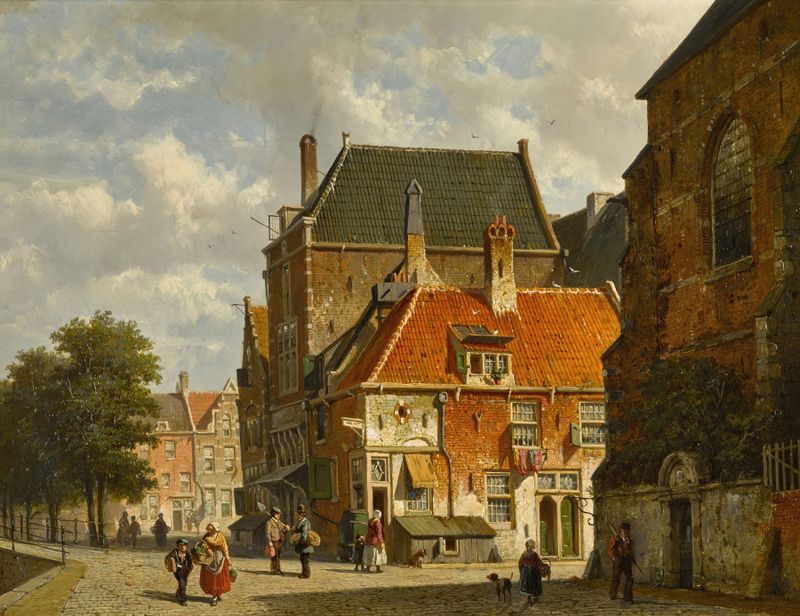 Figures on a sunlit street, oil on canvas by Adrianus Eversen