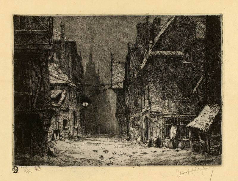 Rue de la vieille lanterne de Jean-Jules Dufour, óleo sobre tela retratando uma rua ao entardecer com lanternas.