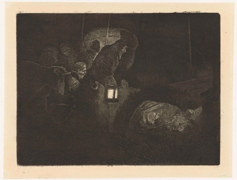 La Adoración de los Pastores, grabado de Rembrandt van Rijn, mostrando pastores alrededor de un niño en un pesebre.