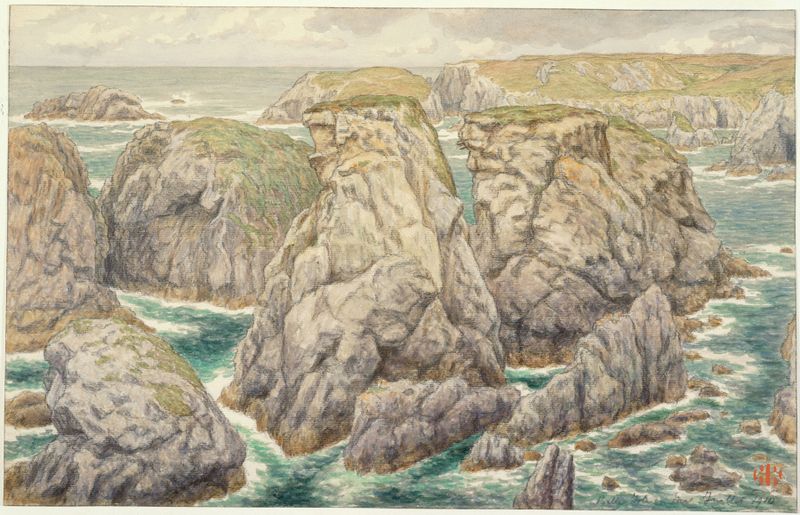 Goulphar. Belle-Isle en mer de Henri Rivière, pintura a óleo que retrata um mar tumultuoso e penhascos íngremes.
