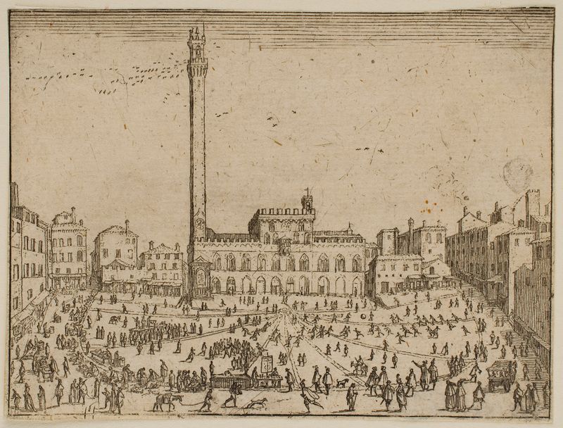 La Pequeña Plaza de Siena de Jacques Callot, grabado barroco que representa una multitud animada.