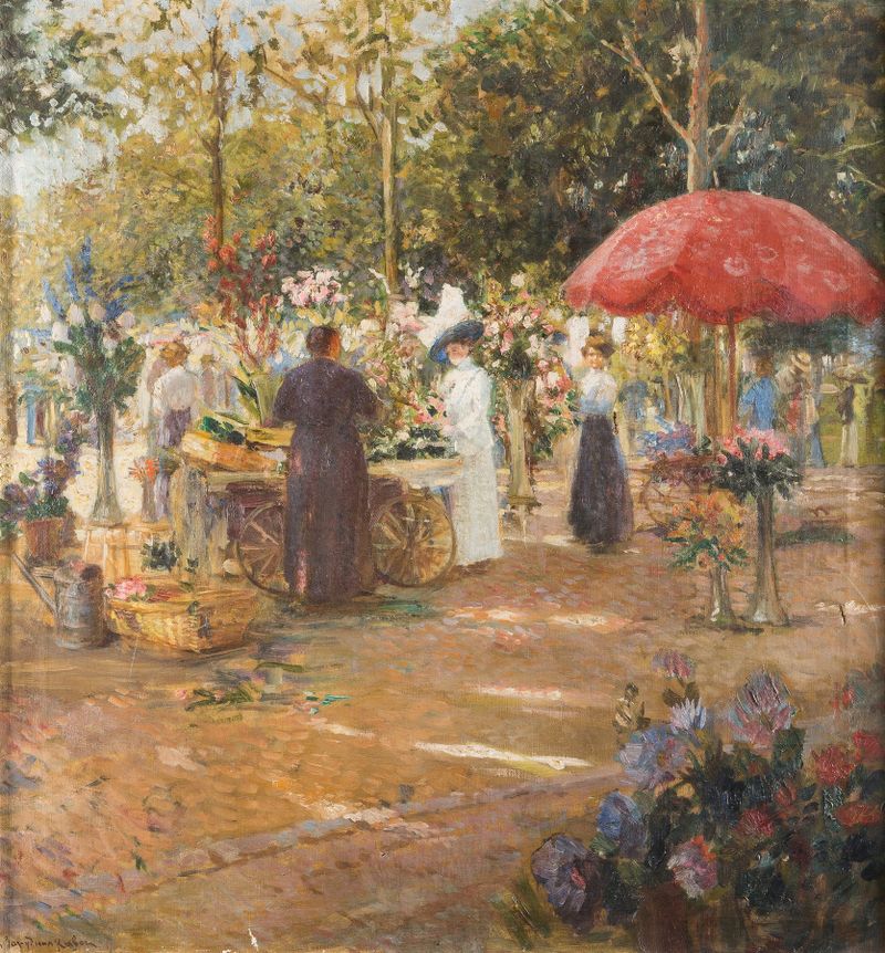 Flower market de Ekaterina Sergeevna Zarudnaja-Kavos, impressionismo, flores vibrantes em um mercado
