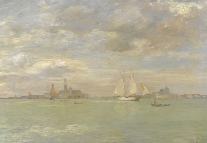 Laguna A Venezia oil painting by Guglielmo Ciardi depicting shimmering water and sky reflections.