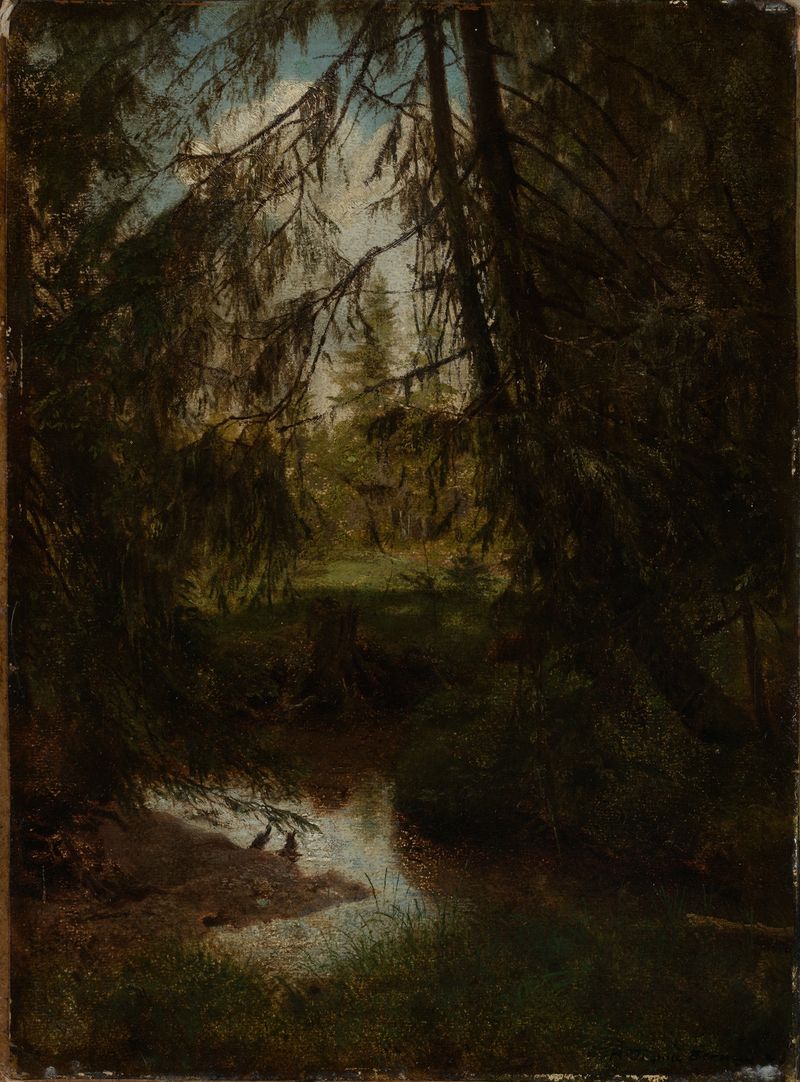 Landscape with a brook and trees, oil on canvas by Hans Thoma