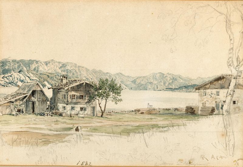 Houses near Lake Attersee, study by Rudolf von Alt, watercolor on paper depicting a tranquil lakeside scene.