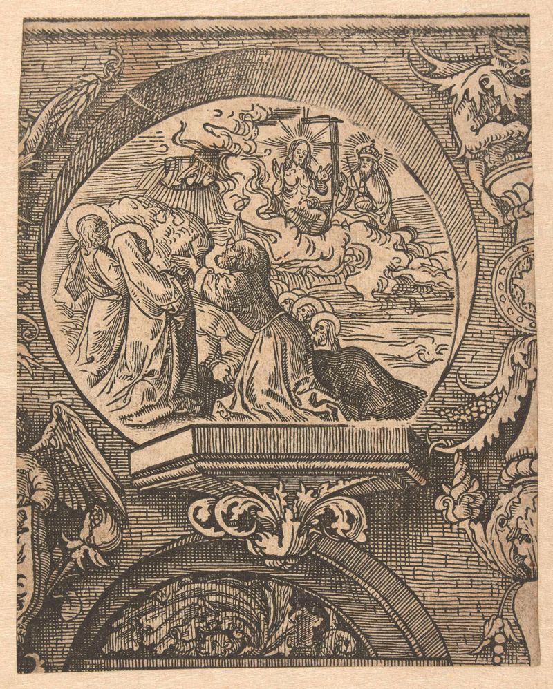 Religious paper artwork by Jacob Cornelisz van Oostsanen depicting Christ's ascension.