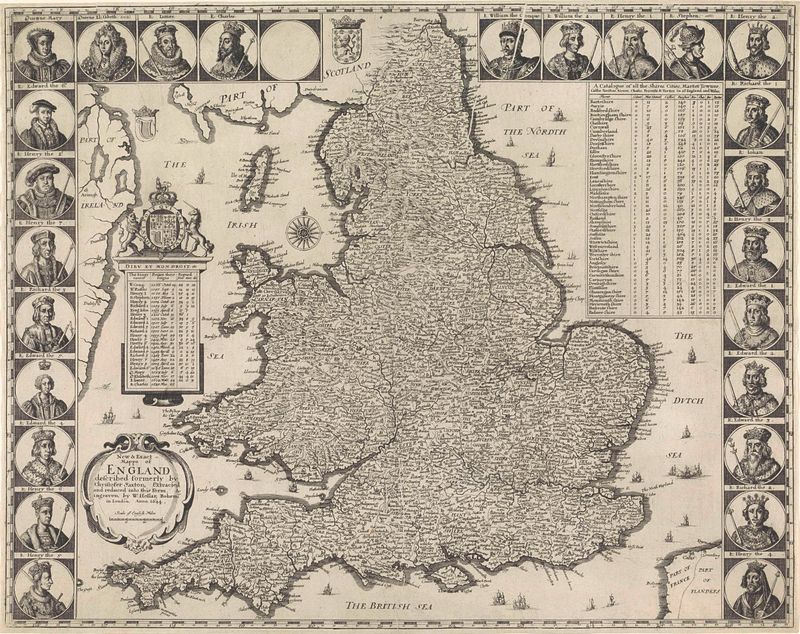 Landkaart van Engeland en Wales, gravura de Wenceslaus Hollar representando uma paisagem detalhada