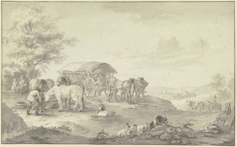 Paisaje con un camión en un campo bajo un árbol, óleo de Johann Georg Pforr.