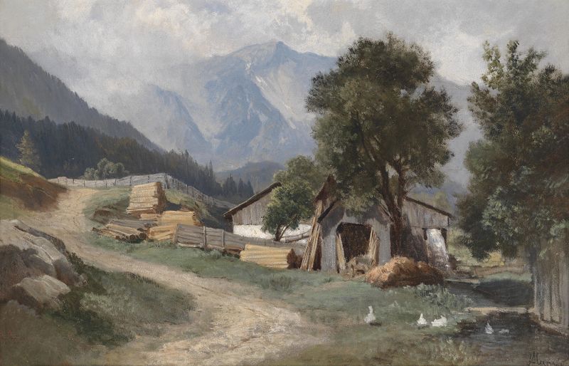 Pintura a óleo de paisagem de Leopold Munsch com montanhas e um céu vibrante.