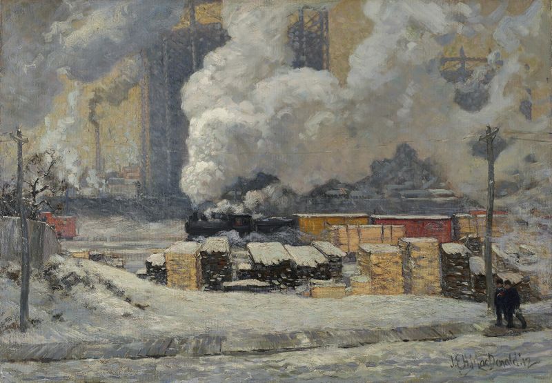 Landscape with railway tracks and urban elements by James Edward Hervey MacDonald, oil painting.
