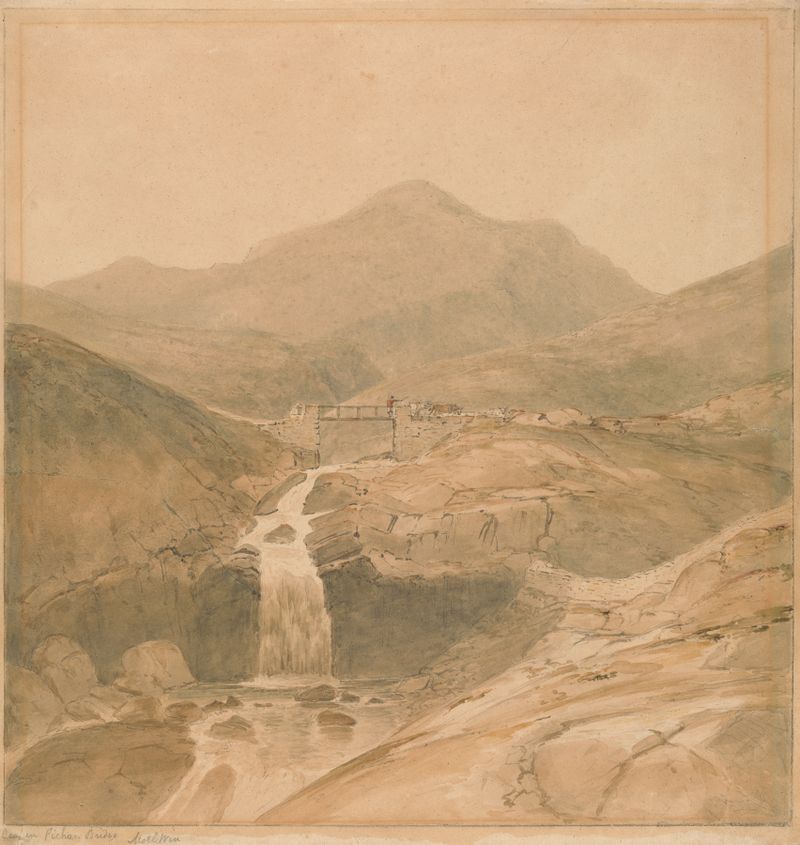 Ponte Ceapen Pichan sobre um rio, pintura a óleo de Samuel Davis