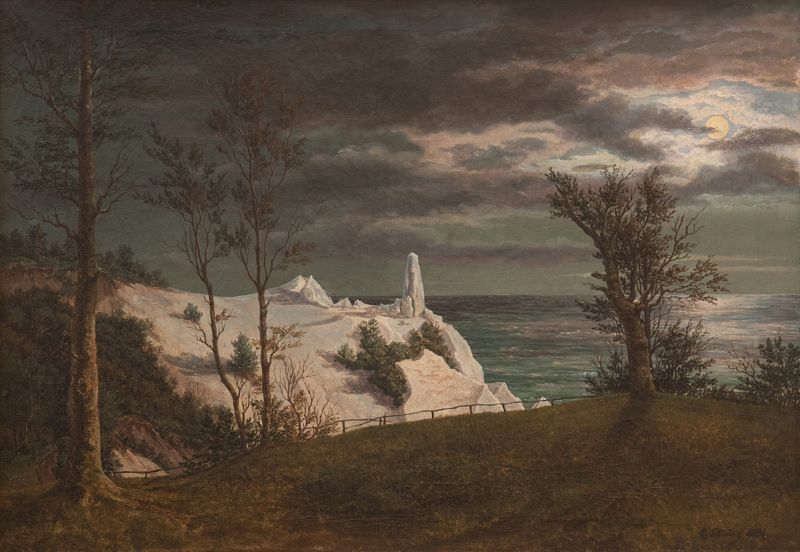 Moonlight over chalk cliffs in oil painting by Frederik Sødring