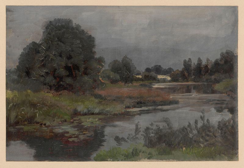 Paisaje de Adolf Dressler, óleo sobre lienzo, que representa una escena serena del río.
