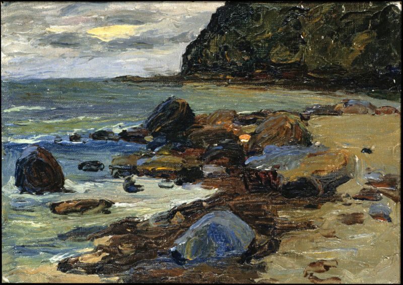 Sestri — on the Beach, pintura al óleo de Wassily Kandinsky, con una escena marina y tonos cálidos.