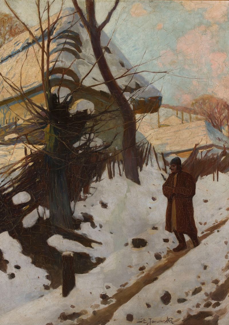 Village in wintertime by Stanisław Janowski, medium unknown