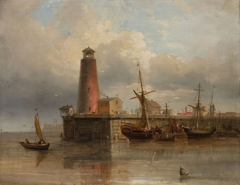 Oil painting by Eduard Schmidt depicting a serene harbor with boats and reflections on the water.