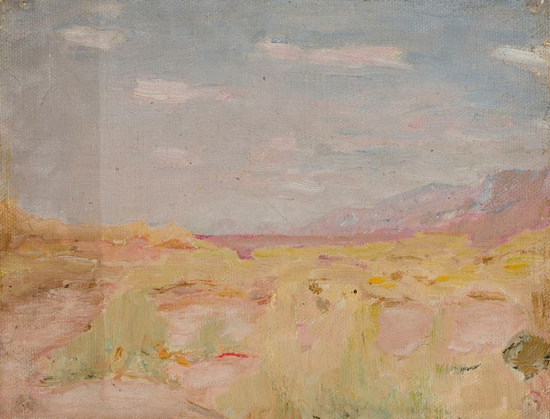 Paisaje de hierba dorada y montañas distantes de Jan Ciągliński, pintura al óleo