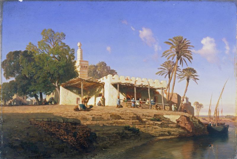 On the Banks of the Nile, oil on canvas by Prosper Marilhat, depicting a river and figures at dusk.