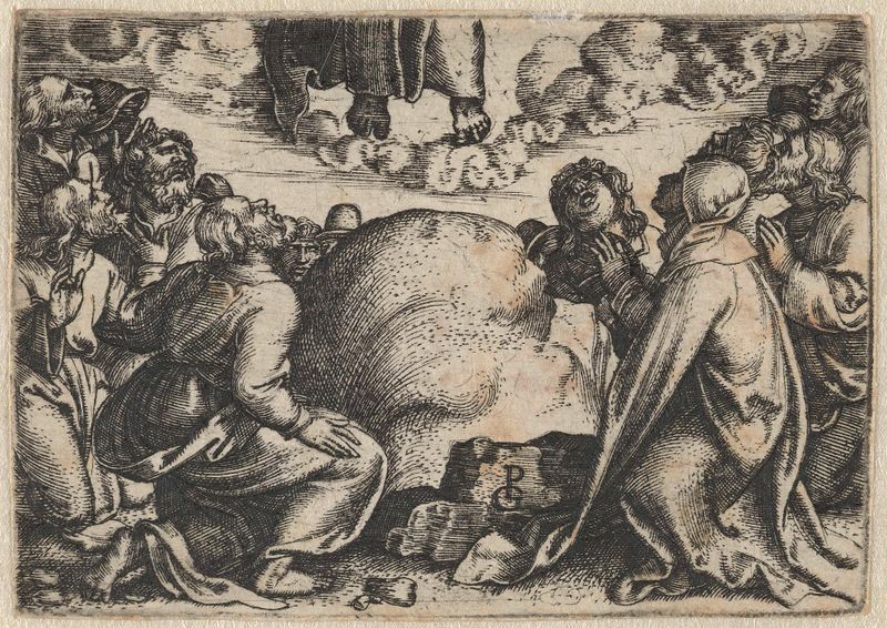 Grabado de Georg Pencz que representa la ascensión de Cristo con nubes.