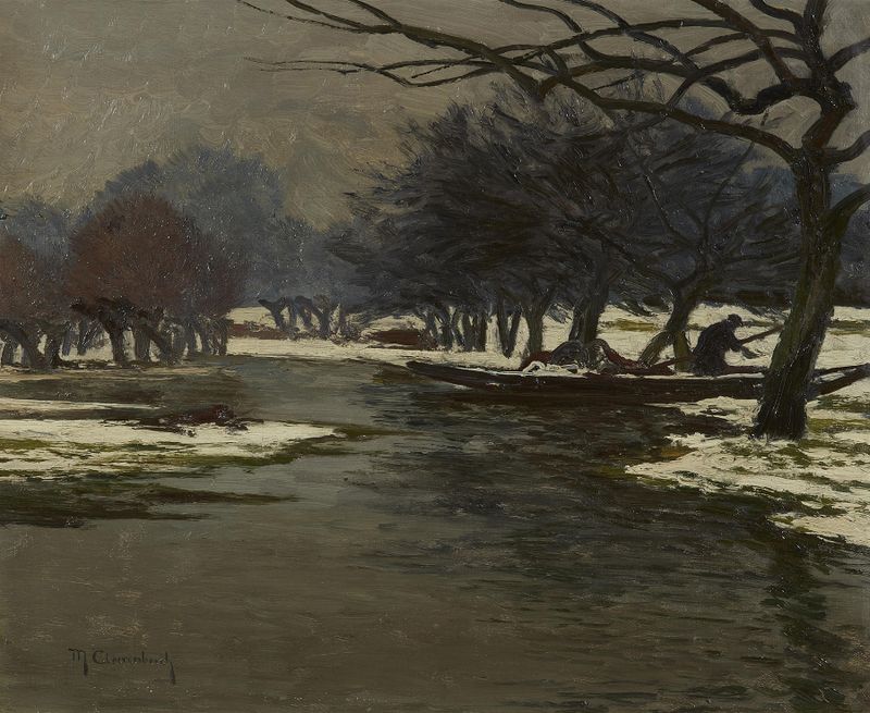 Paisagem de inverno com um barco de Max Clarenbach, pintura a óleo