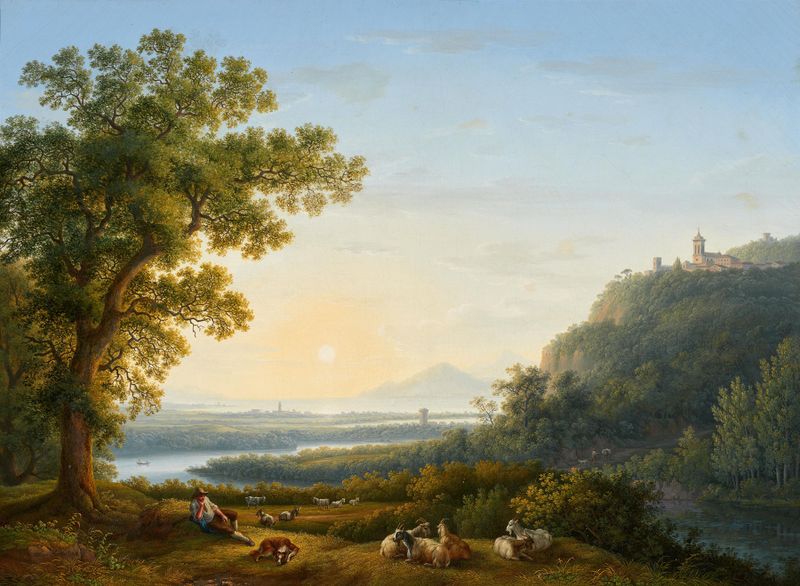 Paisagem com um rio e colinas onduladas de Jacob Philipp Hackert, pintura a óleo