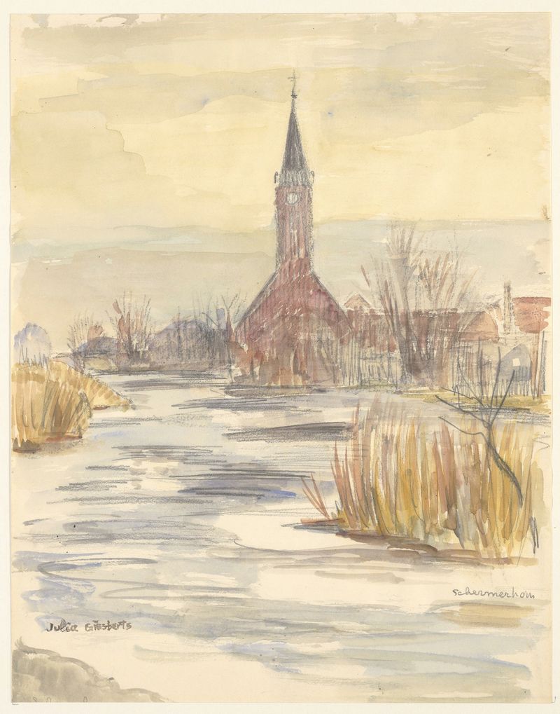 Landscape with a church and tranquil water, oil on canvas by Julia Giesberts