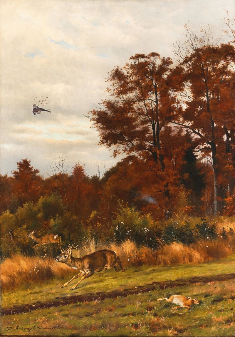 Una escena de caza que muestra figuras en un bosque, pintura al óleo de Otto Recknagel