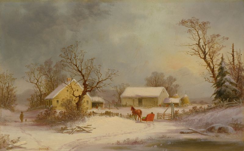 Winter-Time On The Farm by George Henry Durrie, oil on canvas, depicting a snowy farm landscape.