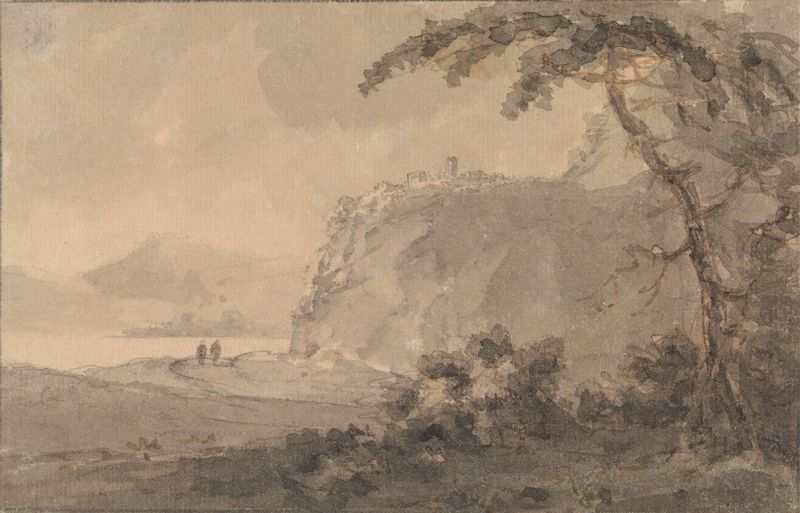 Dos figuras en un camino junto a un lago, óleo sobre lienzo de William Gilpin