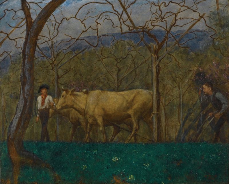 Dämmerung Am Gardasee de Hans Thoma, pintura a óleo que retrata uma paisagem serena ao entardecer sobre o Lago de Garda.
