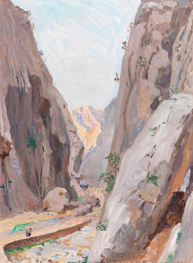 Landscape featuring mountains and sunlight by Menci Clement Crnčić, oil painting